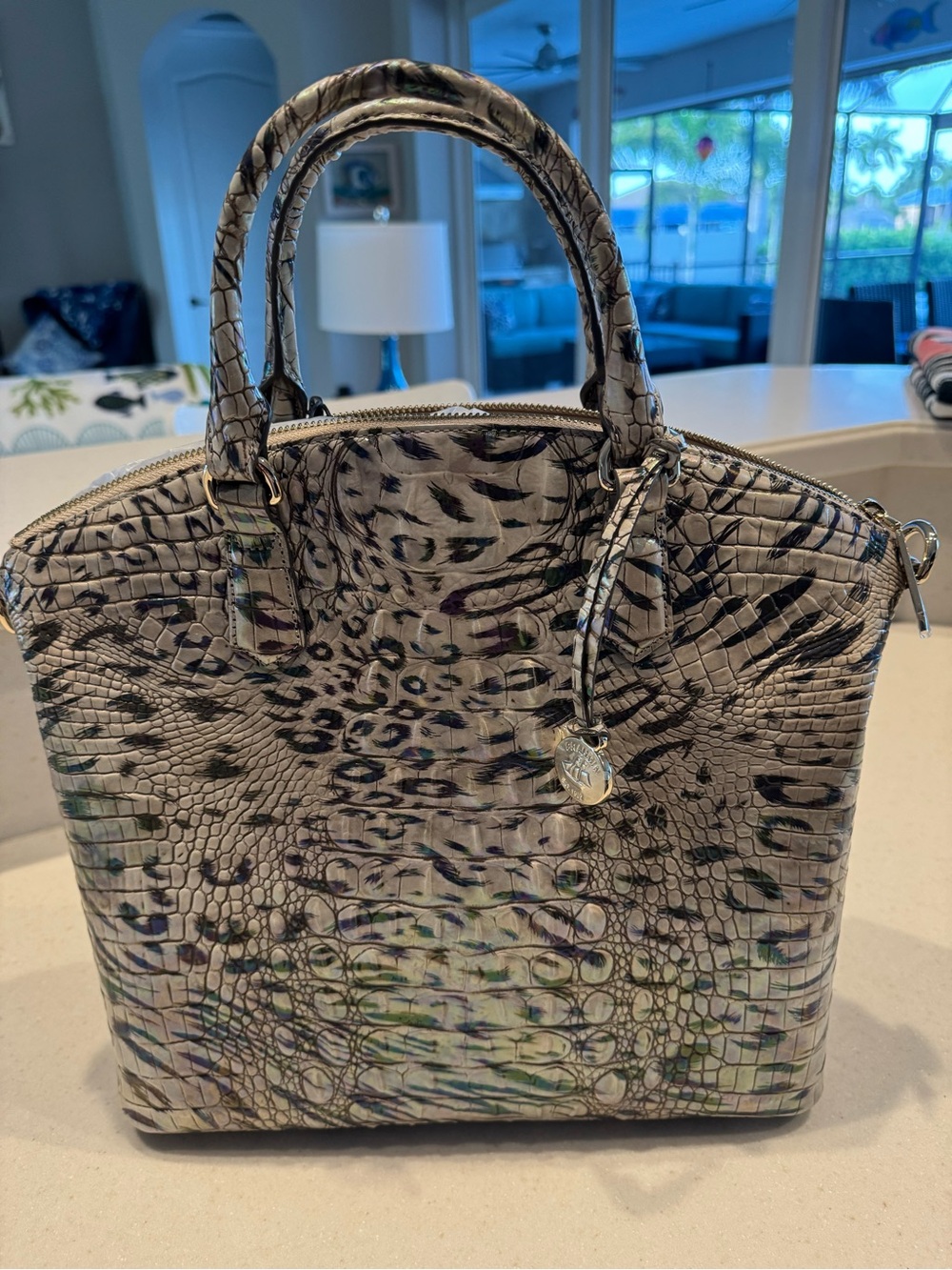NWT. Brahmin Iridescent Croc-Embossed Large Satchel - Pearl Green Sheen - Picture 3 of 7